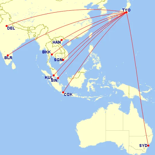 JALが就航していて、片道のフライトが2,000マイル以上のアジア・オセアニア路線（2023年2月時点の東京発着路線）